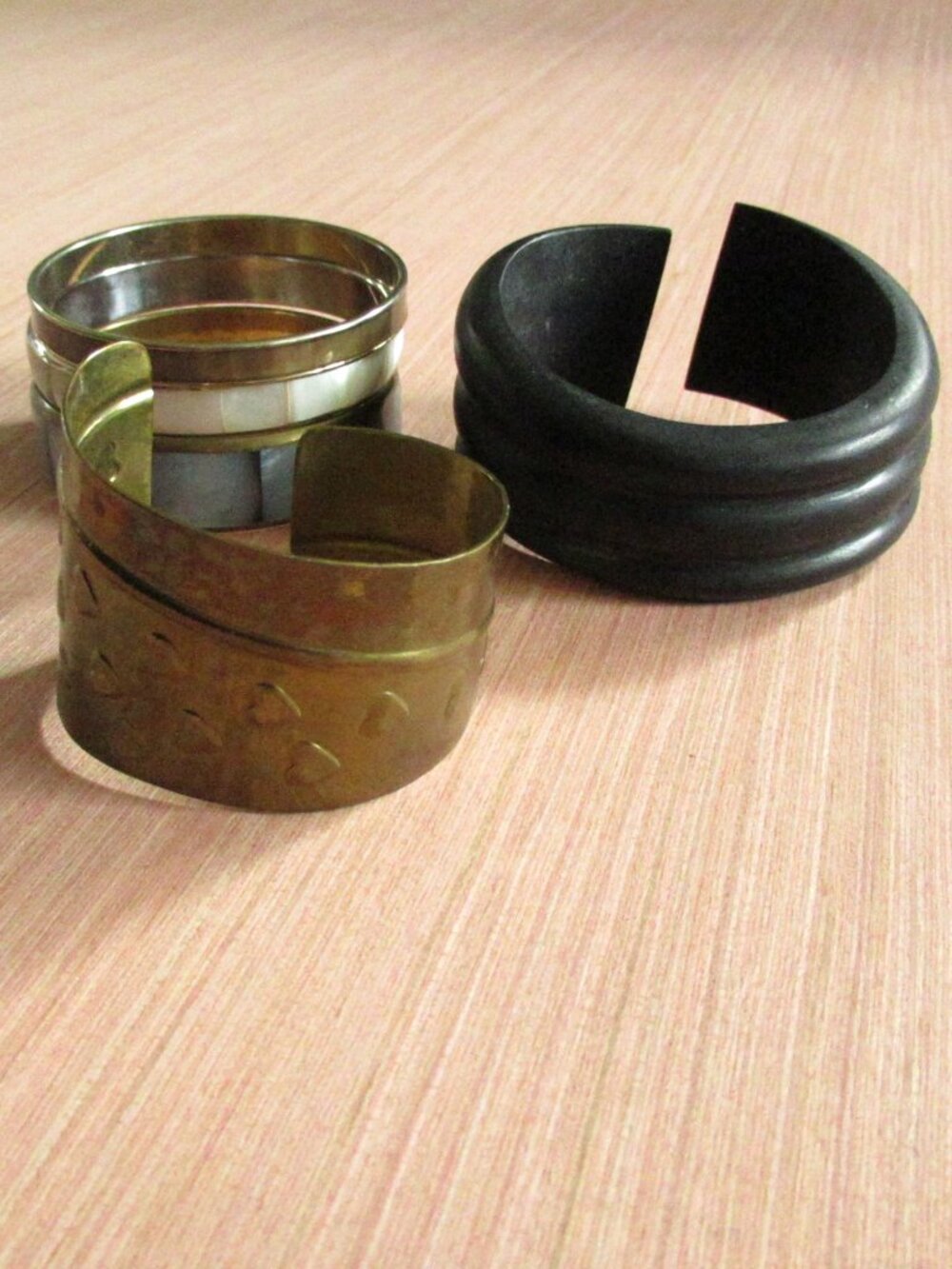 Lot of 5 Bracelets – Brass Inlay Bangles, Carved Wood Bangle, Heart Cuff